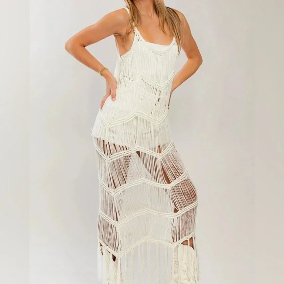 LE LIS Boho Fringe Chevron Pattern Western Maxi Dress Beach Cover Up Caftan NWT - Picture 2 of 9